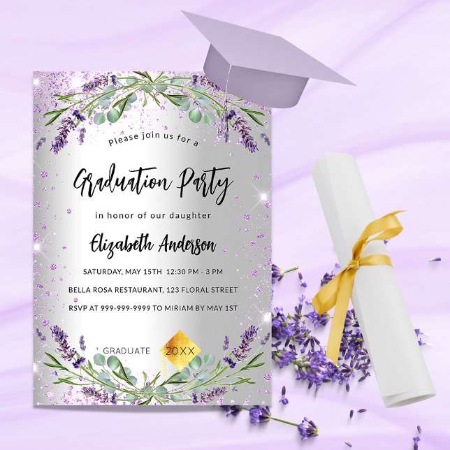 Postal De Invitación Floral de lavanda de plata de graduación eucalipto (Subido por el creador)