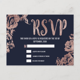 Postal De Invitación Floral de oro azul marino y Rosa RSVP