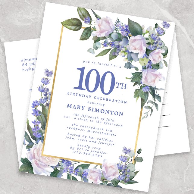Postal De Invitación Floral de oro blanco azul 100 cumpleaños (Subido por el creador)