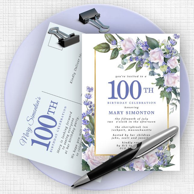 Postal De Invitación Floral de oro blanco azul 100 cumpleaños (Subido por el creador)