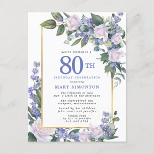 Postal De Invitación Floral de oro blanco azul 80 cumpleaños