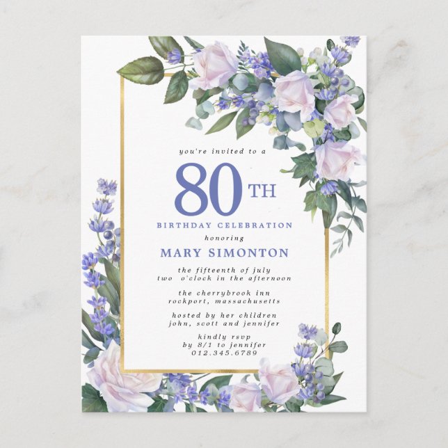 Postal De Invitación Floral de oro blanco azul 80 cumpleaños (Anverso)