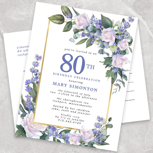 Postal De Invitación Floral de oro blanco azul 80 cumpleaños (Subido por el creador)