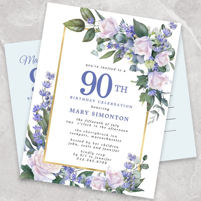 Postal De Invitación Floral de oro blanco azul 90 cumpleaños (Subido por el creador)