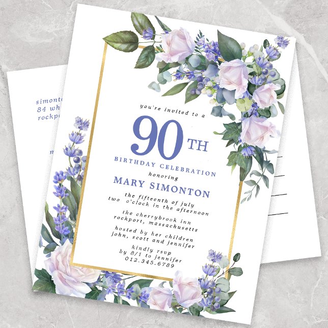 Postal De Invitación Floral de oro blanco azul 90 cumpleaños (Subido por el creador)