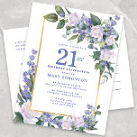 Postal De Invitación Floral de oro blanco azul Fiesta de cumpleaños 21<br><div class="desc">Honre a una mujer especial con esta postal de invitación a la fiesta de cumpleaños elegante y femenina.</div>
