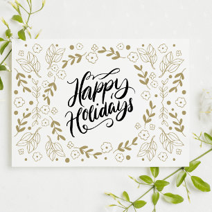 Postal De Invitación Floral de oro de vacaciones felices con ramas y fl