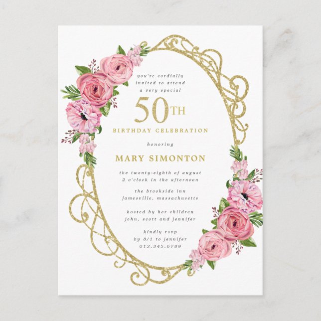 Postal De Invitación Floral de oro rosa 50 (Anverso)