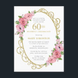 Postal De Invitación Floral de oro rosa 60<br><div class="desc">Honre a una mujer especial con esta elegante y femenina invitación a la fiesta de cumpleaños número 60. 60 está escrito en grandes textos dorados. Sigue la celebración del cumpleaños. El nombre de la persona honrada también está escrito en letras mayúsculas de oro. El resto del texto es gris de...</div>