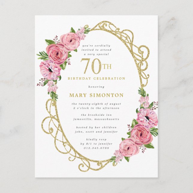 Postal De Invitación Floral de oro rosa 70 cumpleaños (Anverso)