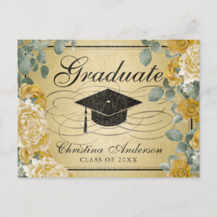 Postal De Invitación Floral de Rosas de Graduación Cap Gold