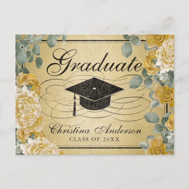 Postal De Invitación Floral de Rosas de Graduación Cap Gold (Anverso)