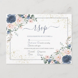 Postal De Invitación Floral dorada rosa Rubor azul turbio claro RSVP