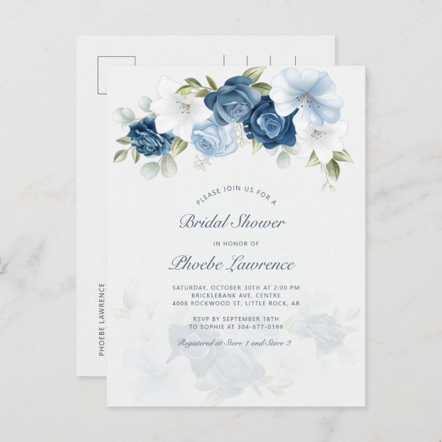 Postal De Invitación Floral Dusty Blue Modern Bridal Shower (Anverso / Reverso)