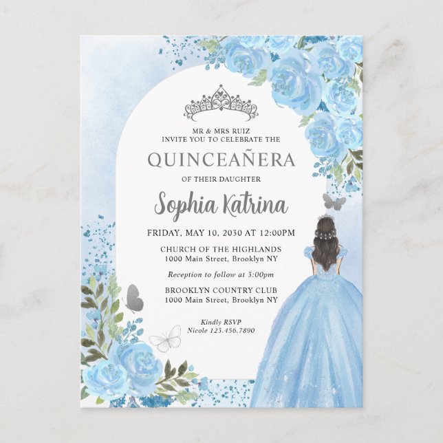 Postal De Invitación Floral Dusty Blue Princess Birthday Quinceanera (Anverso)
