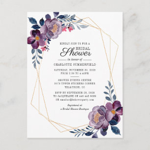 Postal De Invitación Floral Dusty Blue Script ducha geométrica de novia