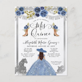 Postal De Invitación Floral Dusty Blue Silver Charra Horse Quinceanera