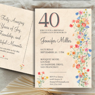 Postal De Invitación Floral Elegante 40º cumpleaños, Flores silvestres 