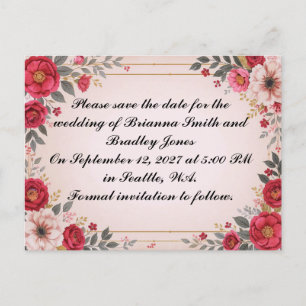 Postal De Invitación Floral en boda rosa salva la fecha