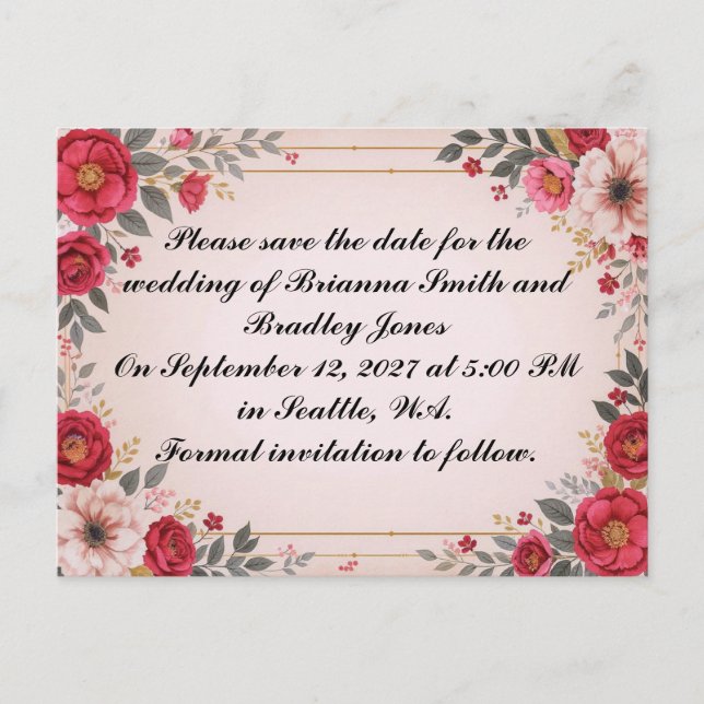 Postal De Invitación Floral en boda rosa salva la fecha (Anverso)