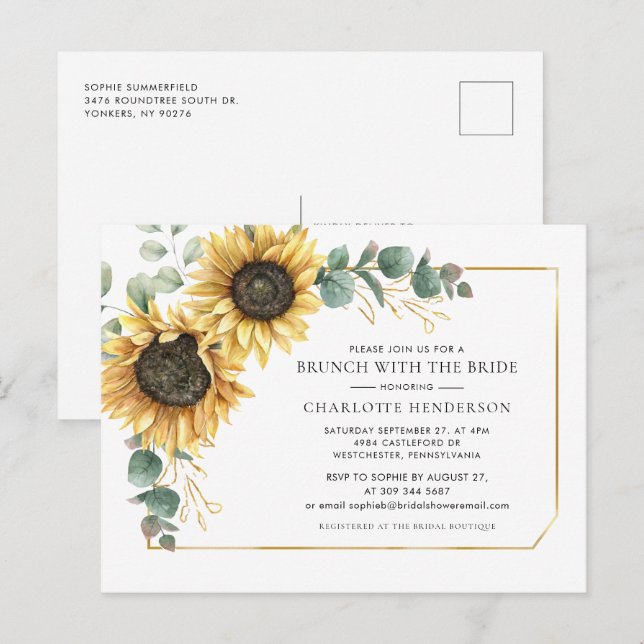 Postal De Invitación Floral Eucalyptus Sunflower Bridal Brunch (Anverso / Reverso)