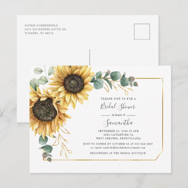 Postal De Invitación Floral Eucalyptus Sunflower Bridal Shower (Anverso / Reverso)