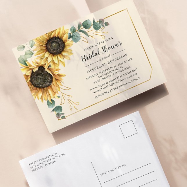 Postal De Invitación Floral Eucalyptus Sunflower Script Brillante Ducha (Subido por el creador)