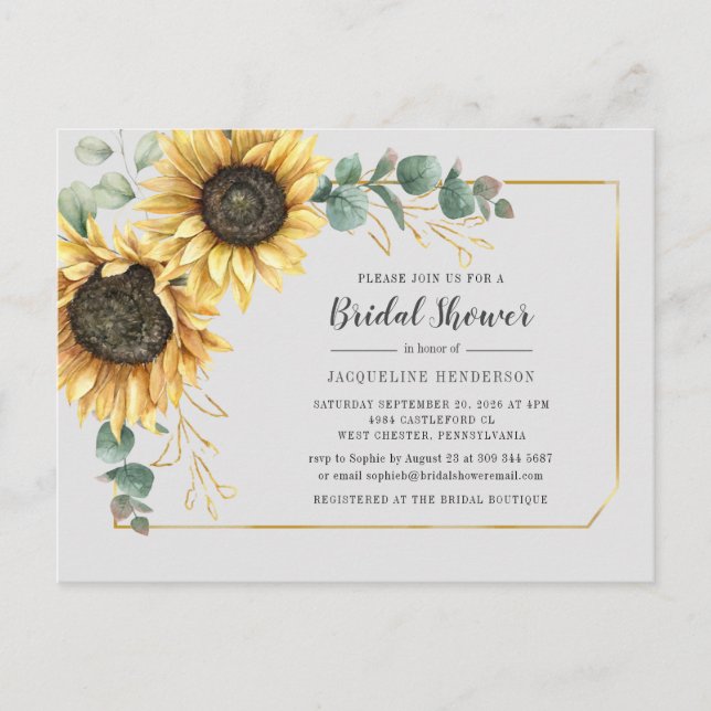 Postal De Invitación Floral Eucalyptus Sunflower Script Brillante Ducha (Anverso)
