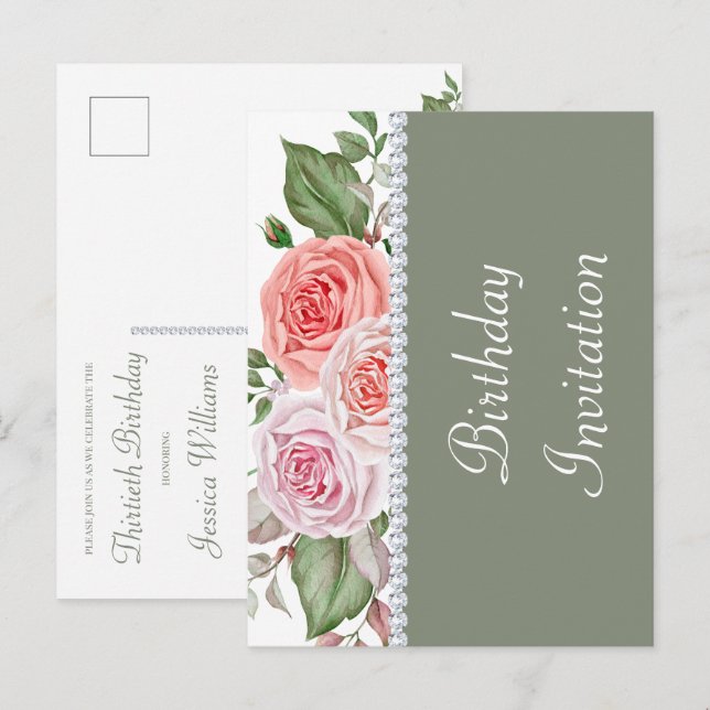 Postal De Invitación Floral Femenina y Diamante 30 cumpleaños (Anverso / Reverso)