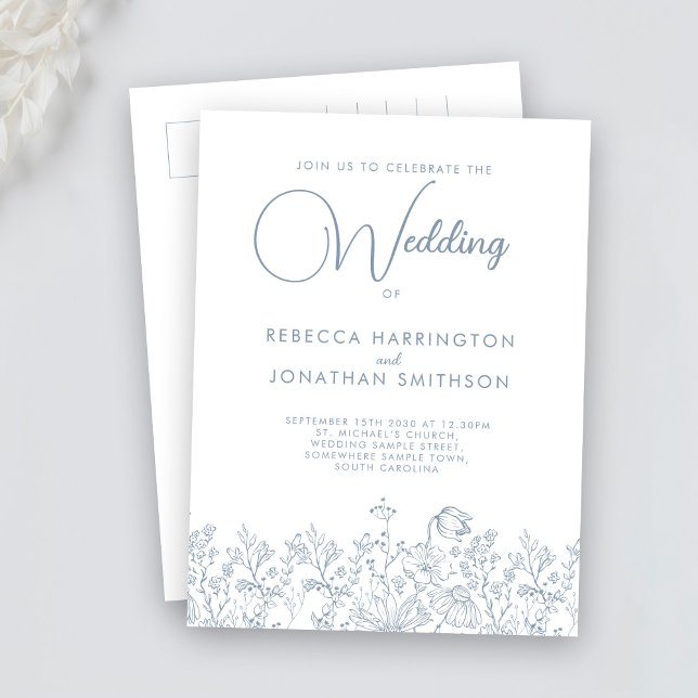 Postal De Invitación Floral Floral Elegante Boda azul turbio (Subido por el creador)