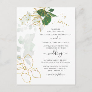 Postal De Invitación Floral Gold Leaves Purpurina Script Boda