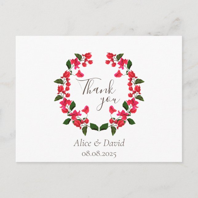 Postal De Invitación Floral Gracias Postcard con Red Bougainvillea (Anverso)