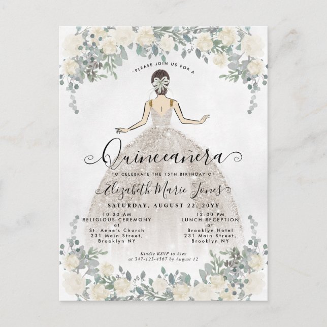 Postal De Invitación Floral Marfil White Princess Birthday Quinceanera  (Anverso)