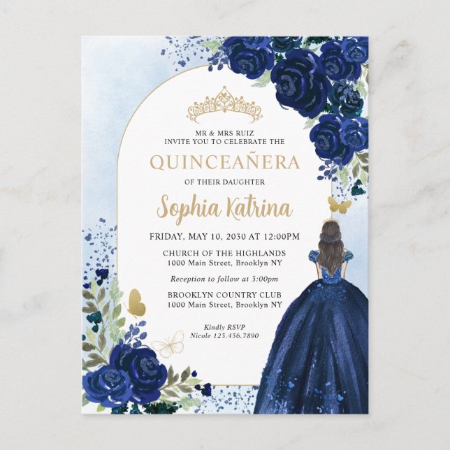 Postal De Invitación Floral Marina Azul Oro Guarida Cumpleaños Quincean (Anverso)