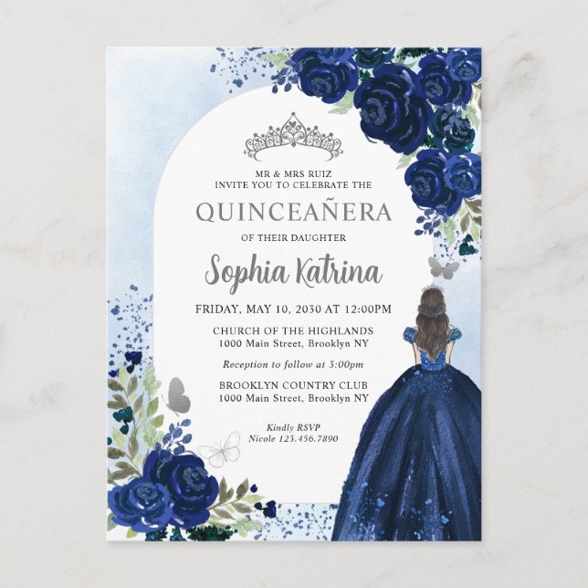 Postal De Invitación Floral Marina Plata Azul Nacimiento Quinceanera (Anverso)