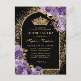 Postal De Invitación Floral Quinceanera Purpurina de oro de ciruela mor