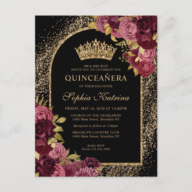 Postal De Invitación Floral Quinceanera, Purpurina de oro rojo negro de (Anverso)