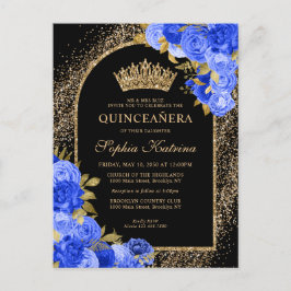 Postal De Invitación Floral Quinceanera, Purpurina del oro azul real ne