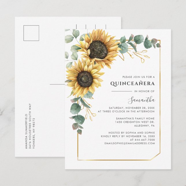 Postal De Invitación Floral Quinceanera Sunflower Fiesta de cumpleaños  (Anverso / Reverso)