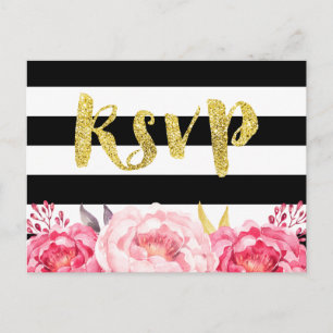 Postal De Invitación Floral rosa Black White Stripes Gold Purpurina RSV
