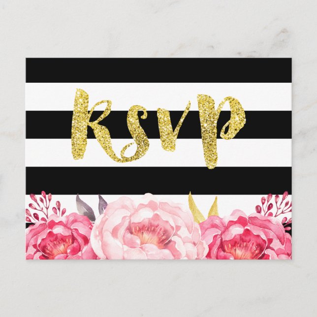 Postal De Invitación Floral rosa Black White Stripes Gold Purpurina RSV (Anverso)
