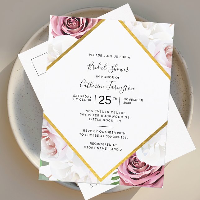 Postal De Invitación Floral rosa elegante ducha de novia (Watercolor Floral Tan Script Bridal Shower Invitation Postcard)