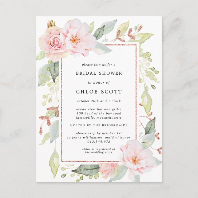 Postal De Invitación Floral rosa rosa ducha de novia (Anverso)