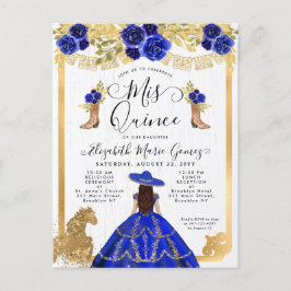 Postal De Invitación Floral Royal Blue Gold Charra Princesa Quinceanera