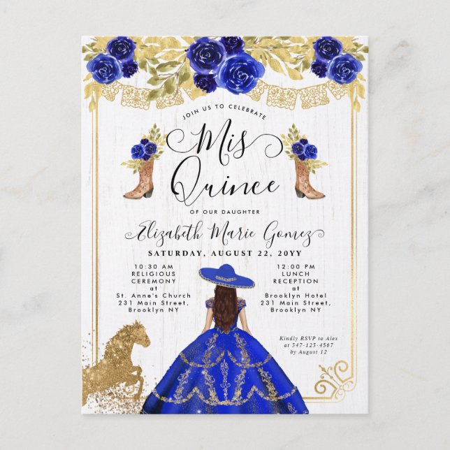 Postal De Invitación Floral Royal Blue Gold Charra Princesa Quinceanera (Anverso)