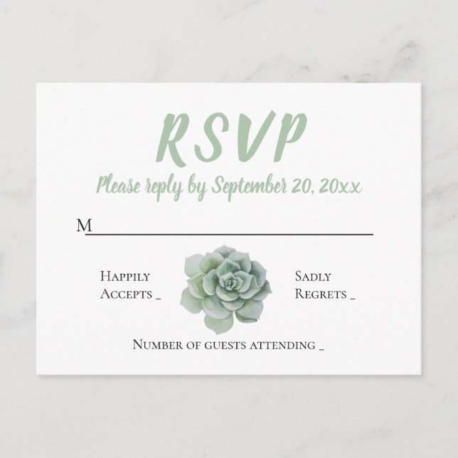 Postal De Invitación Floral RSVP Mint Verde Suculento Cactus Acuarela (Anverso)