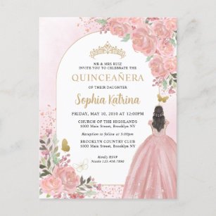Postal De Invitación Floral Rubor Pink Gold Gown Cumpleaños Quinceanera