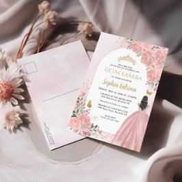 Postal De Invitación Floral Rubor Pink Gold Gown Cumpleaños Quinceanera