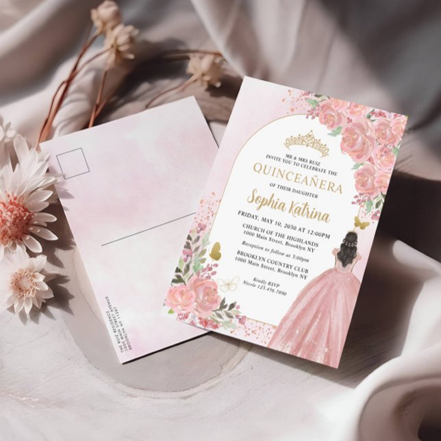 Postal De Invitación Floral Rubor Pink Gold Gown Cumpleaños Quinceanera (Subido por el creador)