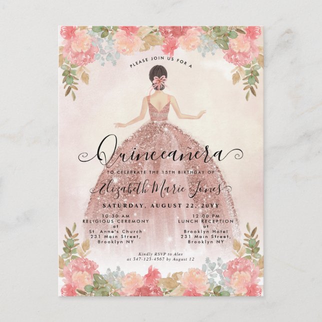 Postal De Invitación Floral Rubor Pink Princess Birthday Quinceanera (Anverso)